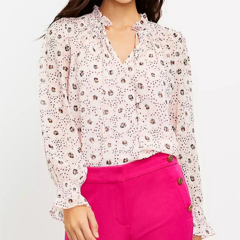 LOFT Daisy Ruffle Tie Neck Blouse Long Sleeve in Crystal Pink